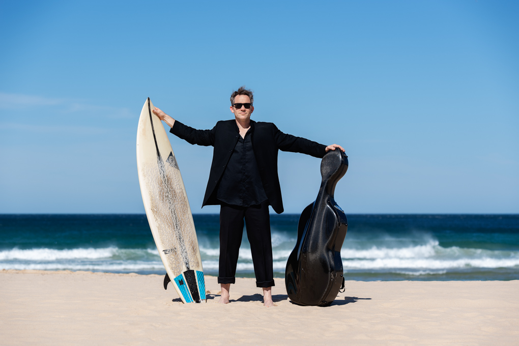 A portrait of Cellist Julian Thompson at Manly beach Australia